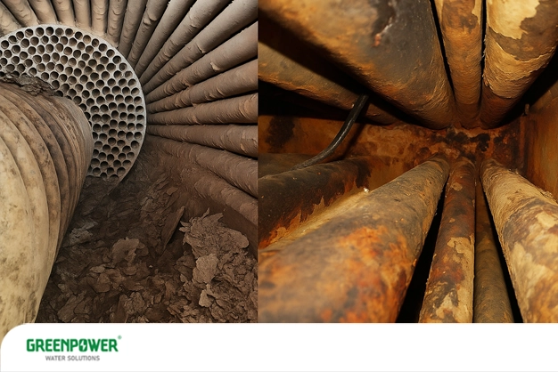 تصاویر رسوب‌گذاری و خوردگی شدید در لوله‌ها و مبدل‌های حرارتی بویلر، نشان‌دهنده اثرات مخرب سختی آب بویلر و تجمع املاح که باعث کاهش راندمان و افزایش هزینه‌های تعمیرات می‌شود.