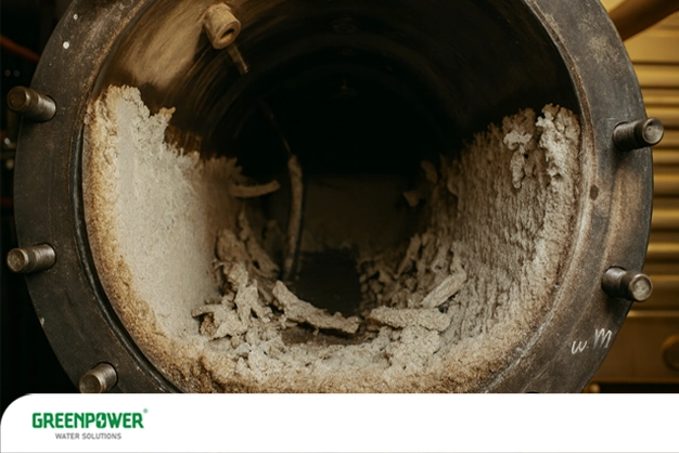 نمای داخلی بویلر صنعتی با رسوبات سنگین ناشی از کیفیت نامناسب آب تغذیه بویلر، نشان‌دهنده اهمیت تصفیه و کنترل سختی آب برای جلوگیری از خوردگی و رسوب‌گذاری