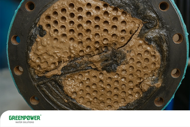 نمای نزدیک از لوله یا مبدل حرارتی پوشیده از رسوبات سنگین و لجن ناشی از ناخالصی‌های موجود در آب تغذیه بویلر، نشان‌دهنده کاهش راندمان و خطر انسداد در سیستم‌های بخار صنعتی.