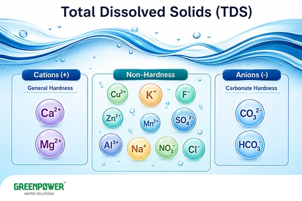 سختی آب آشامیدنی سختی آب آشامیدنی مفهوم TDS آب و نمایش یونها و مواد جامد محلول شامل کلسیم، منیزیم و سایر املاح موجود در آب