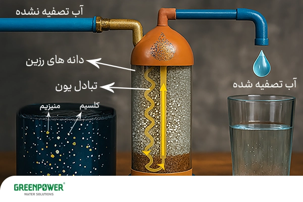 عملکرد و کاربرد رزین تبادل یونی در تصفیه اب با شکل توضیح داده شده است.