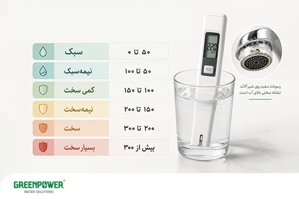 مقایسه آب سخت و آب نرم مقایسه آب سخت و آب نرم اندازهگیری سختی آب با دستگاه TDS و دستهبندی آب از سبک تا بسیار سخت بر اساس میزان PPM