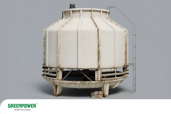 این تصویر یک برج خنک‌کننده آسیب دیده و فرسوده را نشان می‌دهد.