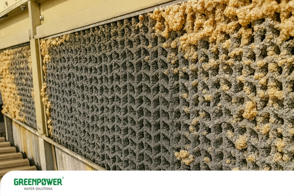 این تصویر رسوب در انواع پکینگ‌های برج خنک کننده را نشان می‌دهد.