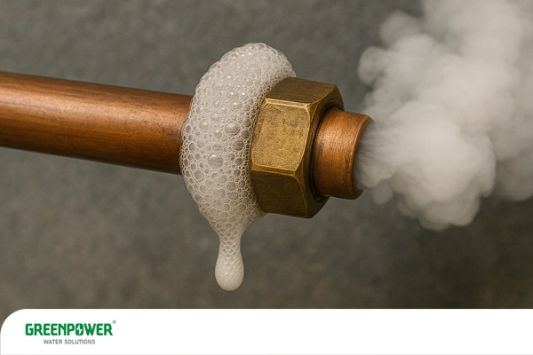 نشتی گاز مبرد از اتصال لوله مسی همراه با حباب‌های کف و خروج گاز، روش تشخیص نشتی با کف صابونی در سیستم‌های سرمایشی