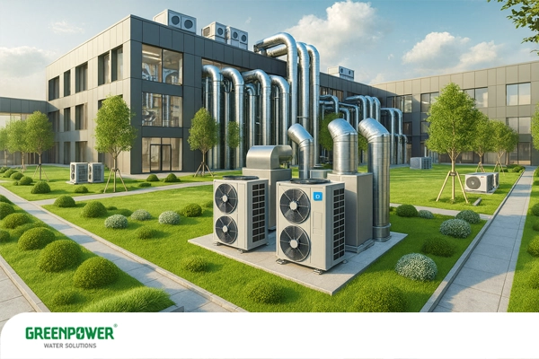 مقایسه سیستم تهویه مطبوع مستقل و مرکزی مقایسه سیستم تهویه مطبوع مستقل و مرکزی نمایی از سیستم تهویه مطبوع مرکزی در محوطه ساختمان اداری با چیلرها و کانالهای انتقال هوا؛ نمونهای از مقایسه سیستم تهویه مطبوع مستقل و مرکزی در پروژههای بزرگ – گرین پاور واتر سولوشن