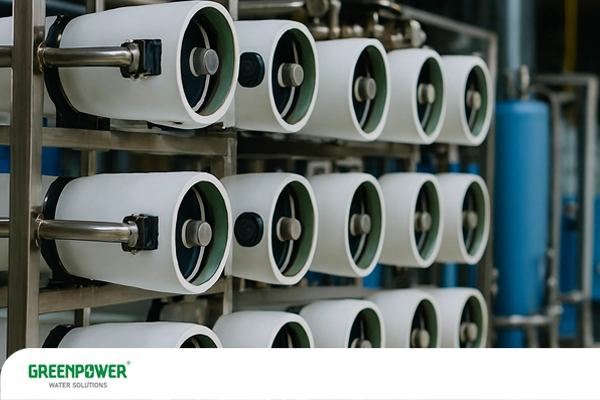 آرایه ممبران‌های اسمز معکوس در سیستم تصفیه صنعتی برای حذف بور از آب و کاهش املاح محلول جهت تولید آب با کیفیت بالا.