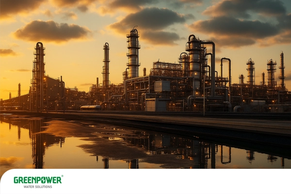 نمایی از تأسیسات صنعتی در هنگام غروب که نشان‌دهنده فرایندهای پیچیده تصفیه آب صنعتی و اهمیت عیب‌یابی صحیح در عملکرد تجهیزات است