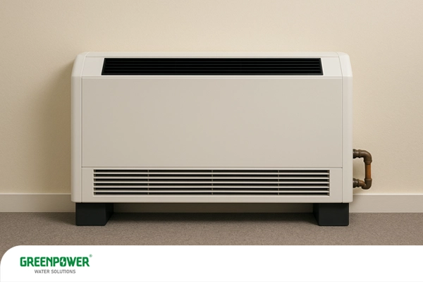 نمایی از یک فن کویل زمینی متصل به دیوار که برای تهویه و تنظیم دمای محیط‌های مسکونی و اداری استفاده می‌شود؛ نمونه‌ای برای توضیح اینکه فن کویل چیست و چگونه کار می‌کند.