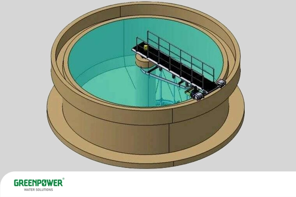 نمایی سه‌بعدی از کلاریفایر دایره‌ای در تصفیه‌خانه آب – توضیح اینکه کلاریفایر چیست و چگونه با ته‌نشینی ذرات، آب را زلال و شفاف می‌کند.