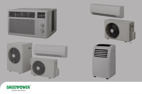 تصویر انواع کولر گازی شامل پنجره‌ای، دیواری، پرتابل و اسپلیت