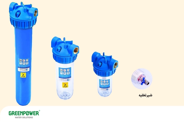 انواع هوزینگ تصفیه آب همراه با شیر تخلیه، شامل مدل‌های مختلف با ارتفاع و ظرفیت متنوع برای استفاده در سیستم‌های فیلتراسیون؛ مناسب برای توضیح اینکه هوزینگ تصفیه آب چیست و چه اجزایی دارد