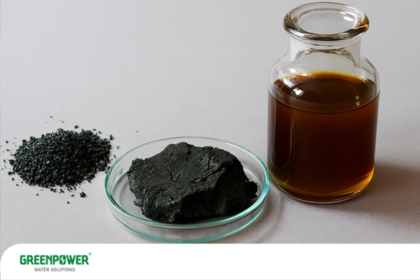 تصویر انواع کلروفریک مورد استفاده در تصفیه آب شامل پودر، خمیر و محلول قهوه‌ای، کنار ظرف شیشه‌ای و سینی آزمایشگاهی با لوگوی GreenPower Water Solutions