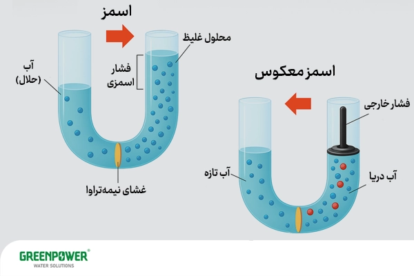 تصویر شماتیک اسمز و اسمز معکوس که نقش این فرآیند در کاربرد سیلیس در تصفیه آب و حذف املاح را نشان می‌دهد.