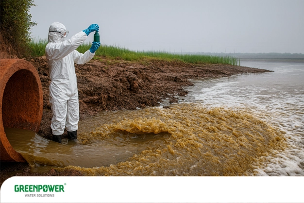 فردی با لباس محافظتی در حال نمونه‌برداری از پساب قهوه‌ای‌رنگ خروجی از یک لوله تخلیه صنعتی در ساحل؛ صحنه‌ای که نشان‌دهنده حضور عوامل آلوده‌کننده آب ناشی از پسماندهای شیمیایی است.