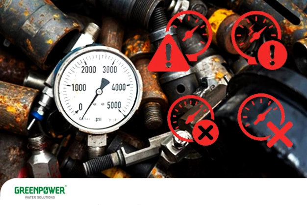 تصویر تعدادی قطعه فلزی و یک گیج فشار قرارگرفته در بین تجهیزات زنگ‌زده که چندین علامت هشدار قرمز روی آن دیده می‌شود؛ نشان‌دهنده خرابی گیج تصفیه آب و خطرات ناشی از عملکرد نادرست یا نصب غلط گیج فشار.