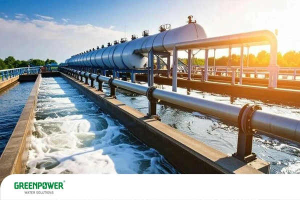 تاسیسات صنعتی تصفیه آب و فاضلاب با لوله‌های بزرگ و فرایند سیستم تصفیه ZLD در فضای باز.