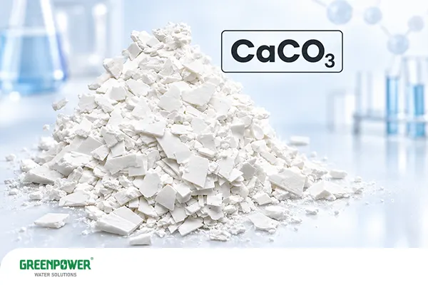 شاخص رایزنر شاخص رایزنر پودر و قطعات سفید کربنات کلسیم با فرمول CaCO₃ در محیط آزمایشگاهی، مرتبط با بررسی رسوبگذاری آب با شاخص رایزنر (RSI).